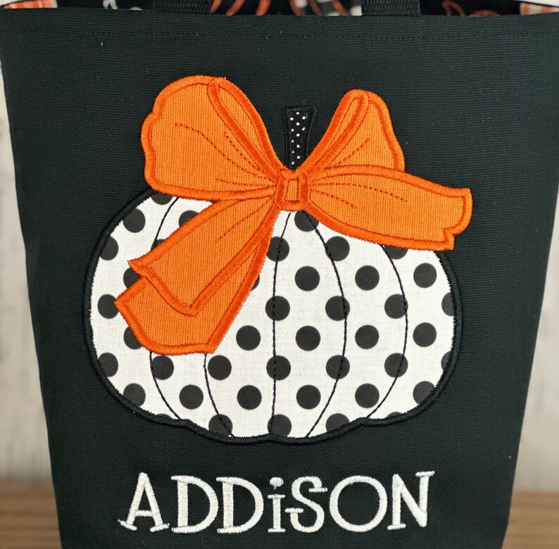 Personalized Kids Halloween Bag, Trick or Treat Bag, Applique Pumpkin Bag, Customized Embroidered Bag, Candy Bag, Glow in the Dark Name image 3