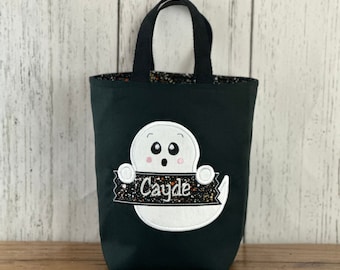 Personalized Kids Halloween Bag, Trick or Treat Bag, Boy Ghost Bag, Customized Embroidered Bag, Candy Bag, Glow in the Dark Name