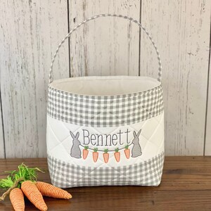 Canasta de Pascua personalizada, canasta de Pascua de tela gris, acolchada, estilo shabby chic, canasta de Pascua para niño, canasta de Pascua con conejito, canasta de búsqueda de huevos