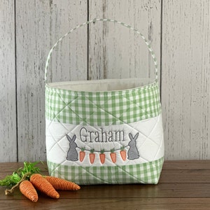 Personalized Easter Basket, Boy's Easter Basket, Green Gingham Quilted, Shabby Chic, Easter Bunny, Egg Hunt Basket