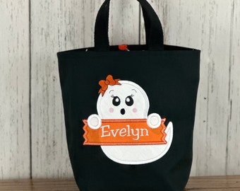 Personalized Kids Halloween Bag, Trick or Treat Bag, Girl Ghost Bag, Customized Embroidered Bag, Candy Bag, Glow in the Dark Name, Orange
