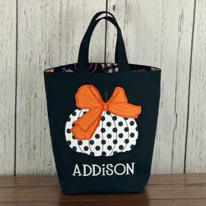 Personalized Kids Halloween Bag, Trick or Treat Bag, Applique Pumpkin Bag, Customized Embroidered Bag, Candy Bag, Glow in the Dark Name image 2