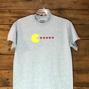 Womens Pac-Man Fan Art Shirt, Pac-Man Eating Hearts, Old School Gaming Shirt, Arcade Game Shirt, Pac-Man, Grey Cotton Shirt, Womens T-Shirt