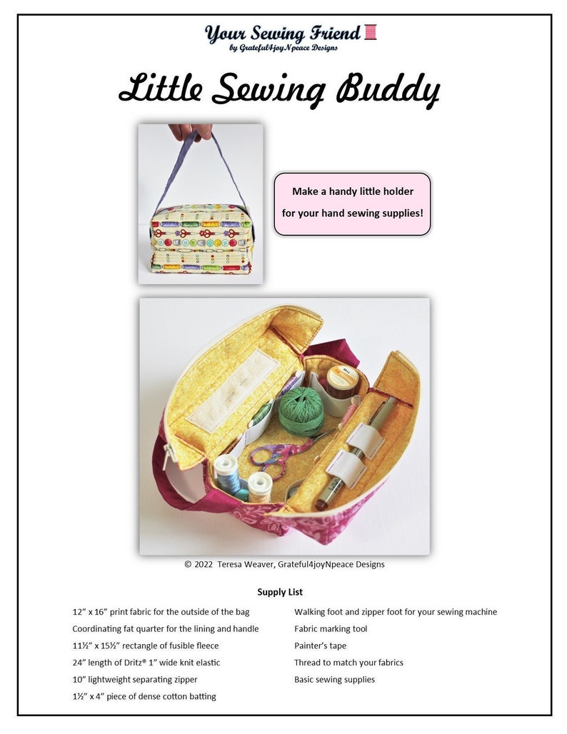 Little Sewing Buddy PDF pattern download: organizer zipper bag for hand sewing/stitching supplies and notions image 3