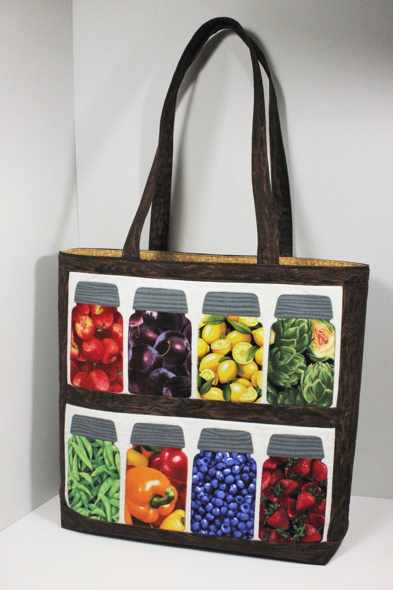 Canning jars tote bag pattern with fruit and vegetable fabric Etsy