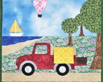 PDF quilt pattern for applique summer wall quilt with pickup truck, 3D miniature quilt and sailboat