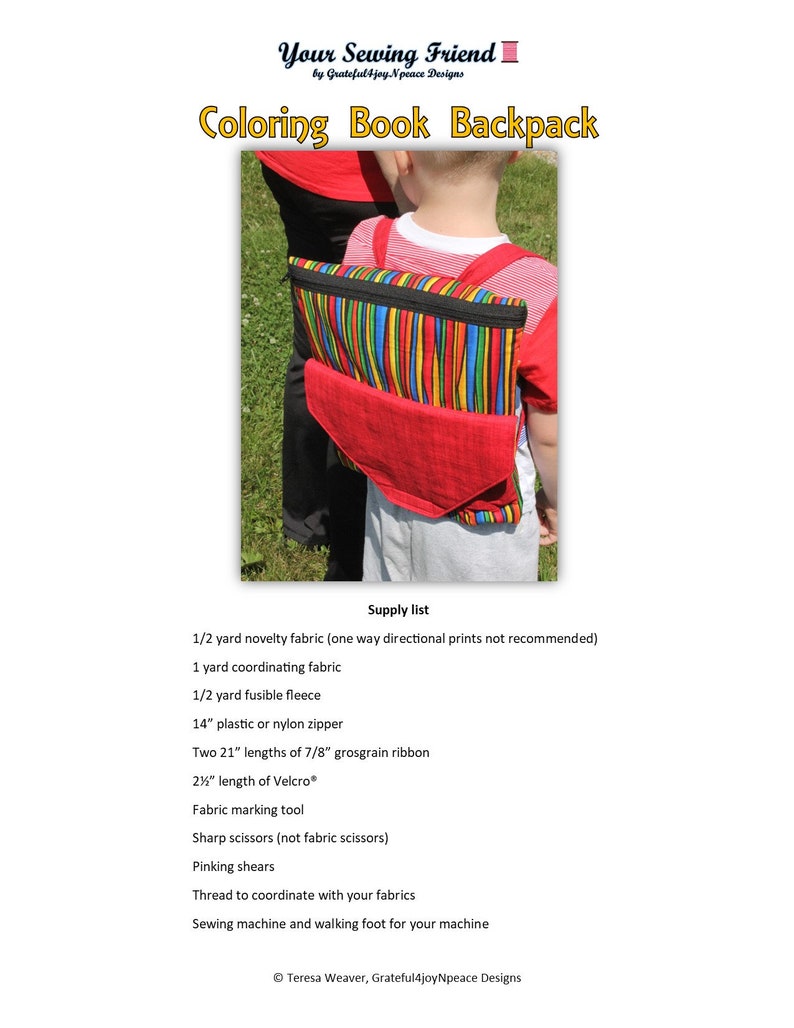 PDF pattern for coloring books/crayons backpack sized to fit young child: digital download image 5