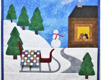 PDF quilt pattern for applique winter wall quilt with snowman, 3D miniature quilt, and log cabin: Seasons of Quilting Series