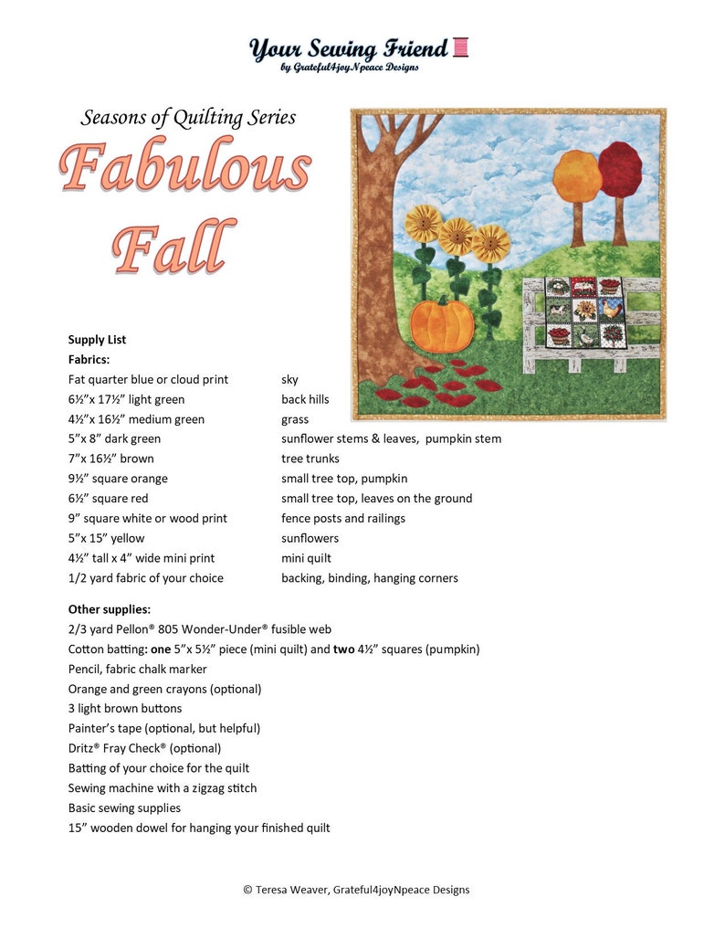 PDF quilt pattern for applique fall wall quilt with miniature quilt, sunflowers, and pumpkin: Season of Quilting Series image 6