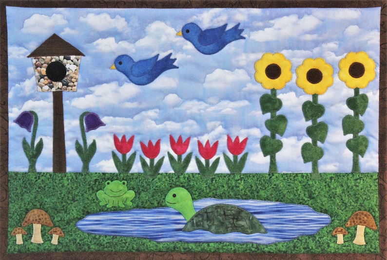 PDF pattern for Garden Friends quilt: features flowers, frog, turtle and birds image 1