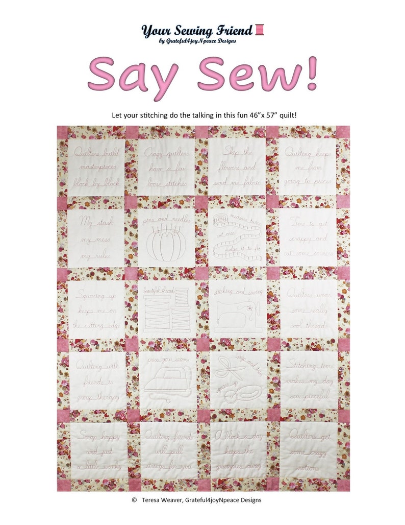 Say Sew PDF download quilt pattern for free motion quilting or hand embroidery image 2