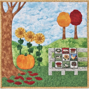 PDF quilt pattern for applique fall wall quilt with miniature quilt, sunflowers, and pumpkin: Season of Quilting Series image 1