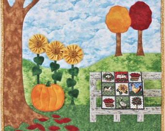 PDF quilt pattern for applique fall wall quilt with miniature quilt, sunflowers, and pumpkin: Season of Quilting Series