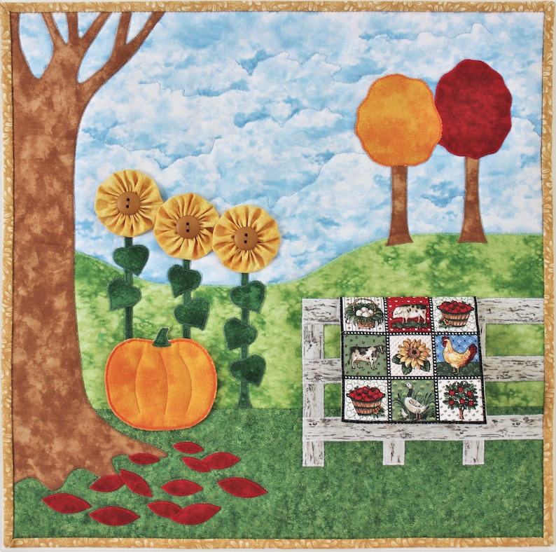PDF quilt pattern for applique fall wall quilt with miniature quilt, sunflowers, and pumpkin: Season of Quilting Series image 1