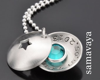 Taufkette personalisiert Junge Mädchen Gravur Name Datum Taufgeschenk STERNCHEN 925 Silber Kette mit Geburtsstein Taufschmuck Samavaya