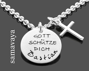 Baptism necklace baptism jewelry boy cross personalizable engraving GOD PROTECT YOU cross 925 silver chain christening gift with name