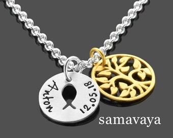 Cadeau de baptême Collier de baptême garçon KUMBAYA ARBRE DE VIE OR Chaîne en argent 925 avec nom gravé Bijoux de baptême garçons avec date Poisson chrétien