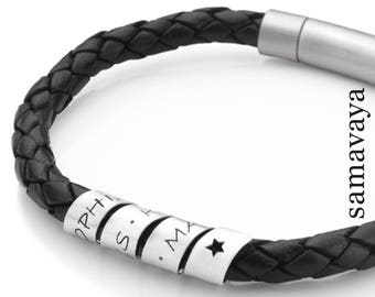 Gravure bracelet homme LOOP MEN STAR Bracelet cuir argent 925 noir texte souhaité