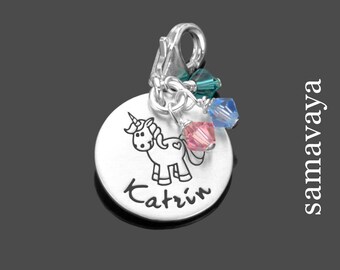 Charm mit Gravur Kinderschmuck personalisierbar EINHORN 925 Silber Namensanhänger mit Kindername Anhänger Unicorn personalized