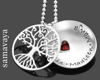 Namenskette mit Lebensbaum und Gravur TREE OF LOVE Red Heart Silber Geschenk Frau Freundin Familienkette Kette Kindernamen personalisiert