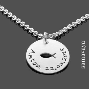 Christening necklace boys personalized silver christening jewelry KUMBAYA BOYS christening gift name engraving date Christian fish gift godfather godmother image 1
