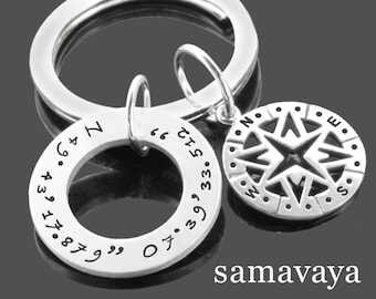 Porte-clés personnalisé coordonnées pendentif BOUSSOLE pendentif argent 925 gravure cadeau homme papa grand-père cadeau fête des pères coordonnées