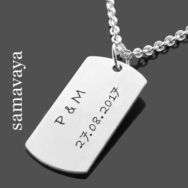 Kette Männer Herrenkette Gravur DOG TAG 925 Silberanhänger Erkennungsmarke für Ihn Name Initialen Kennenlerndatum