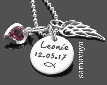 Collier baptême fille ailes d'ange baptême bijoux gravure baptême cadeau filleul personnalisé collier baptême aile coeur bijoux prénom date