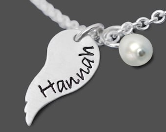 Necklace women's angel wings engraving personalized LITTLE WING 925 silver pendant wing angel caller freshwater pearl