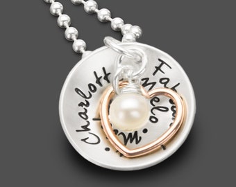 Familieketting kindernamen gravure naamketting MIJN FAMILIE HART roségoud 925 zilveren harthanger familiesieraden naamgravure gepersonaliseerd