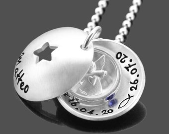 Baptism Christening Gift Christening Necklace Boy Engraving Name Date Guardian Angel STAR BAPTISM RING Silver Chain Jewelry Gift Godfather Personalized