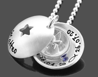 Baptism Christening Gift Christening Necklace Boy Engraving Name Date Guardian Angel Star Christening Ring Silver Chain Jewelry Gift Godfather Personalized