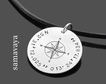 Chain men men's chain engraving GPS LEATHER 925 silver leather chain compass and coordinates personalized coordinates fathers day matching