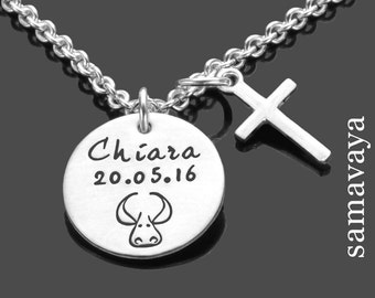 Christening necklace engraving christening gift MY ZODIAC CROSS 925 silver necklace boys girls names date christening jewelry personalized zodiac