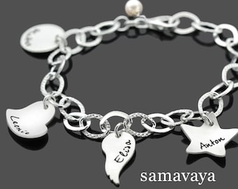 Bracelet nom famille bracelet famille femme gravure TOUS NOUS 925 argent 5 noms bracelet argent personnalisé perle coeur étoile lune