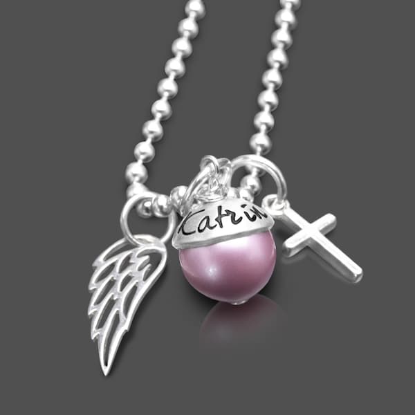 Necklace Confirmation Girl Gift Engraving LYHO GLANZVOLL 925 Silver Angel Wings Cross Holy Communion Youth Consecration Confirmation Personalized