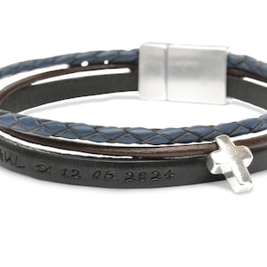 Armband Bevestigingsgeschenk Jongen Gravure GOD GEZONDEN 925 Zilveren Leren Armband Naam Datum Geschenk Communie Jeugd Toewijding Bevestigingskruis