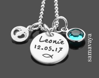 personalisierte Geburtskette Gravur Name Datum Geburtstein MEINE TAUFE BABYFÜSSE 925 Silberkette Geschenk Geburt Mama Mutter Babyparty