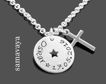 Doop ketting jongen gegraveerd 925 zilveren STAR CROSS ketting met gepersonaliseerde gravure doop sieraden naam doop datum cadeau peetvader meter