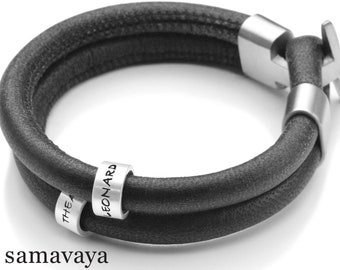 Namensarmband 2 ROLLS NAPPA MAX Lederarmband mit Silberringen 925 Gravur Herrenarmband mit Namen personalisiertes Männerarmband