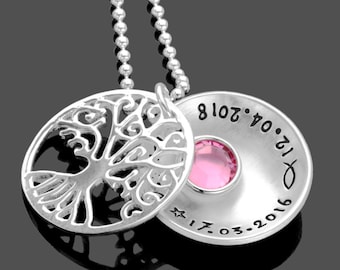 Collier de baptême arbre de vie pierre de naissance BAPTÊME CADEAU fille gravure TAUFBAUMCHEN CRISTAL argent 925 personnalisé nom date par Samavaya