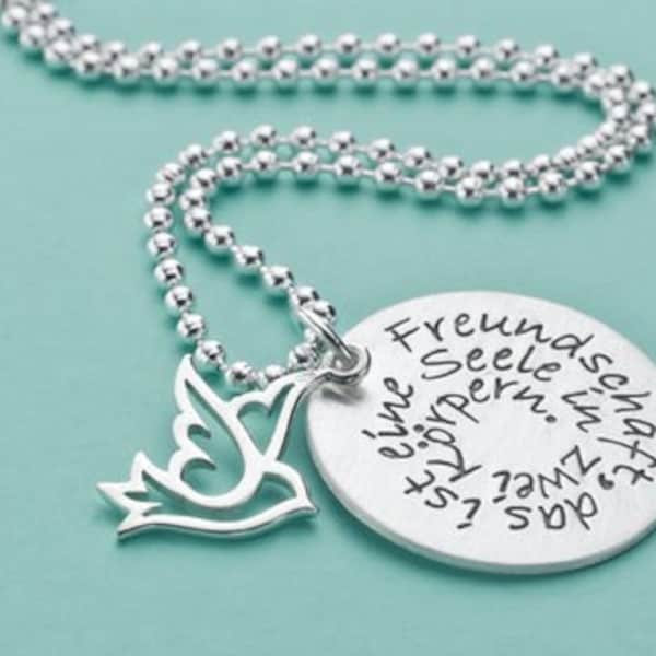 Freunschaftskette Schmuck Kette Gravur FREUNDSCHAFT 925 Silber Wunschtext eine Seele in zwei Körpern Anhänger Vogel Friedenstaube