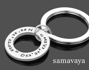 Coordinates keychain personalized silver engraving GEO RING 925 silver man silver ring GPS father's day gift coordinates