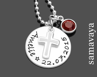 Taufkette Mädchen Junge Gravur Name Datum Silber Namenskette BAPTISM 2.0 925 Silberkette Taufgeschenk Taufschmuck Kreuzkettchen von Samavaya