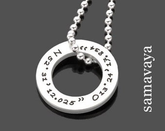 Heren ketting gravure ring ketting mannen coördinaten GEO RING 925 zilveren ketting hanger coördinaten favoriete plek