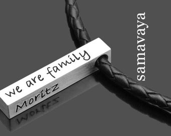 Fammilienkette Mann Herren personalisiert Gravur WE ARE FAMILY Men Männerkette Lederkette Barren Leder Silber Kindernmane Geschenk Papa Opa