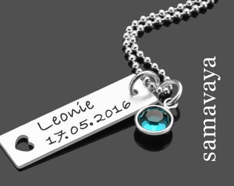Namenskette Halskette Frau Herz Geburtsstein Gravur HEART TAG CRYSTAL 925 Silber Geburtskette Mutter personalisiert personalized necklace