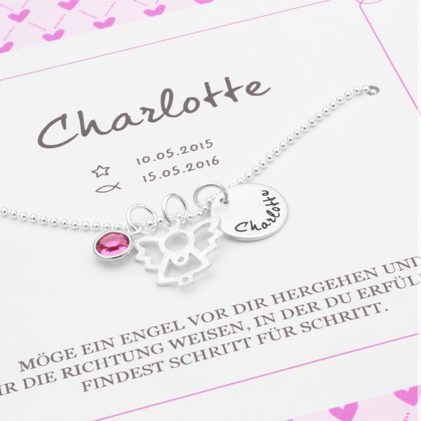 Christening gift girl personalized engraving silver christening necklace MY ANGEL BIRTHSTONE gift box gift box labeled personalized