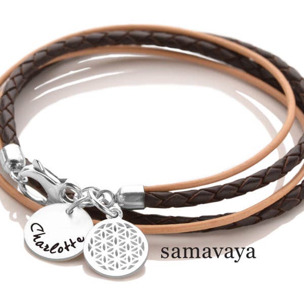 Leather bracelet women engraving 2-in-1 FLOWER OF LIFE 925 silver bracelet wrap bracelet name jewelry gift woman ladies personalized