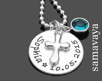 Taufgeschenk Taufkette Junge mit Gravur Taufschmuck BAPTIZED 925 Silberkette Name Datum Kristallstein Kreuz